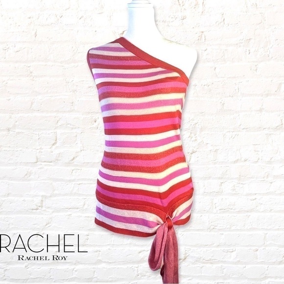 🎁3 for$30 Rachel Roy Womens Pink Striped One Shoulder Top Size M  Gold Metallic - Picture 1 of 11